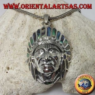 Silver pendant, native Indian head with paua shell headdress (Abalone)