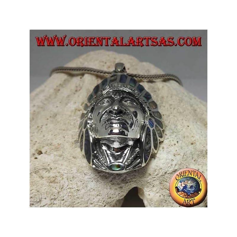 Silver pendant, native Indian head with paua shell headdress (Abalone)