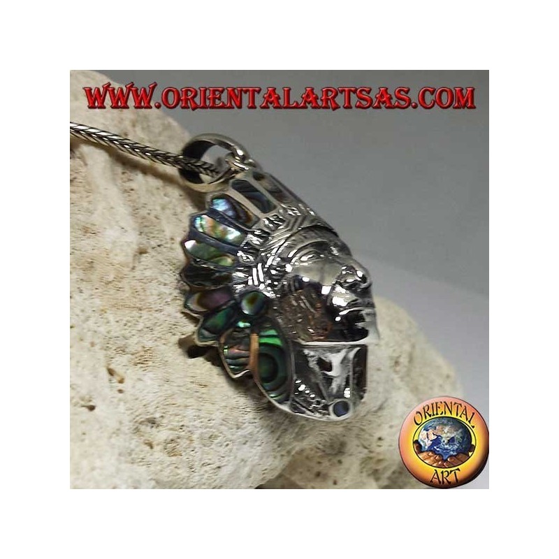 Silver pendant, native Indian head with paua shell headdress (Abalone)