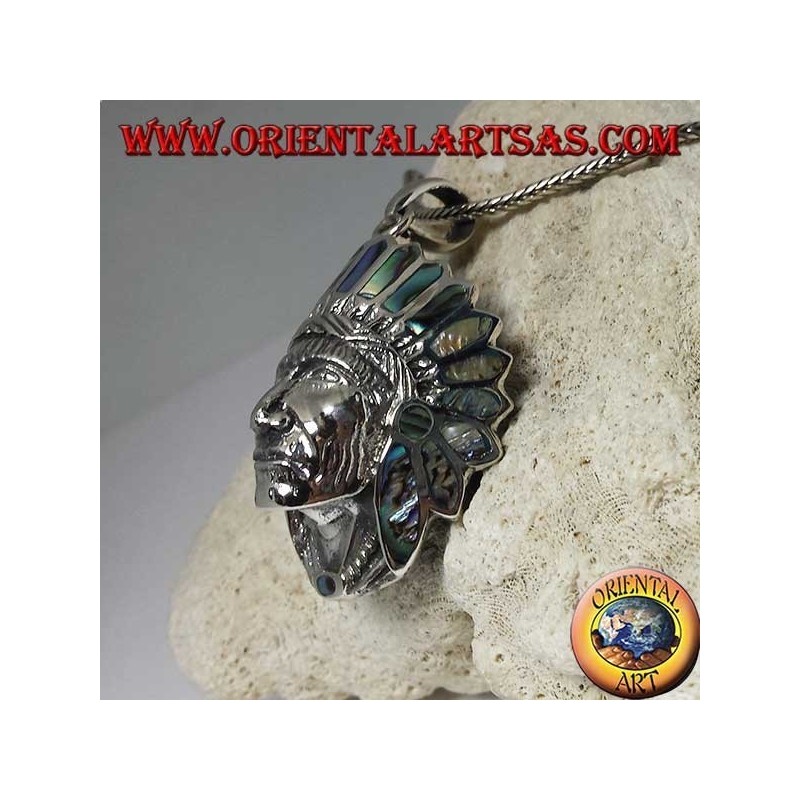 Silver pendant, native Indian head with paua shell headdress (Abalone)