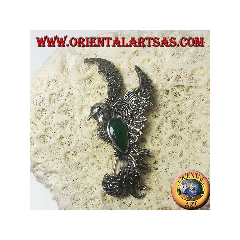 Broche de plata del fénix con ágata verde y marcasitas