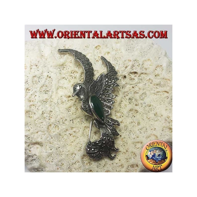 Broche en argent du phénix avec agate verte et marcassites