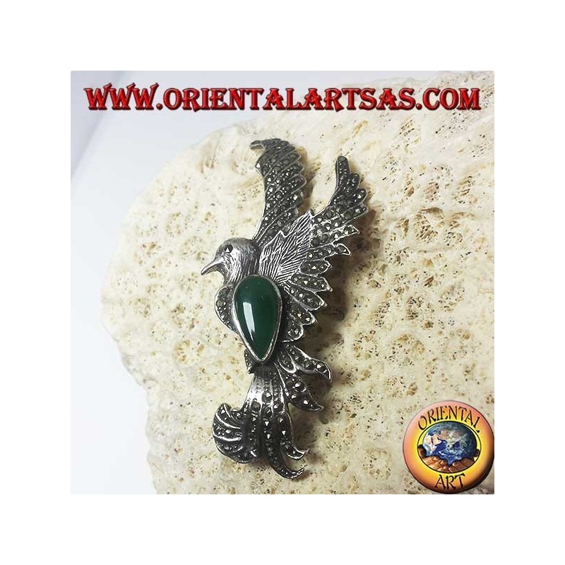 Spilla in argento della fenice con agata verde e marcassiti