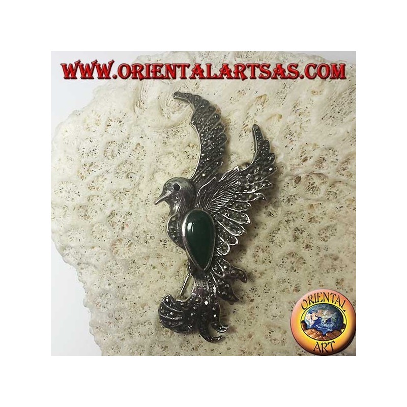 Broche en argent du phénix avec agate verte et marcassites