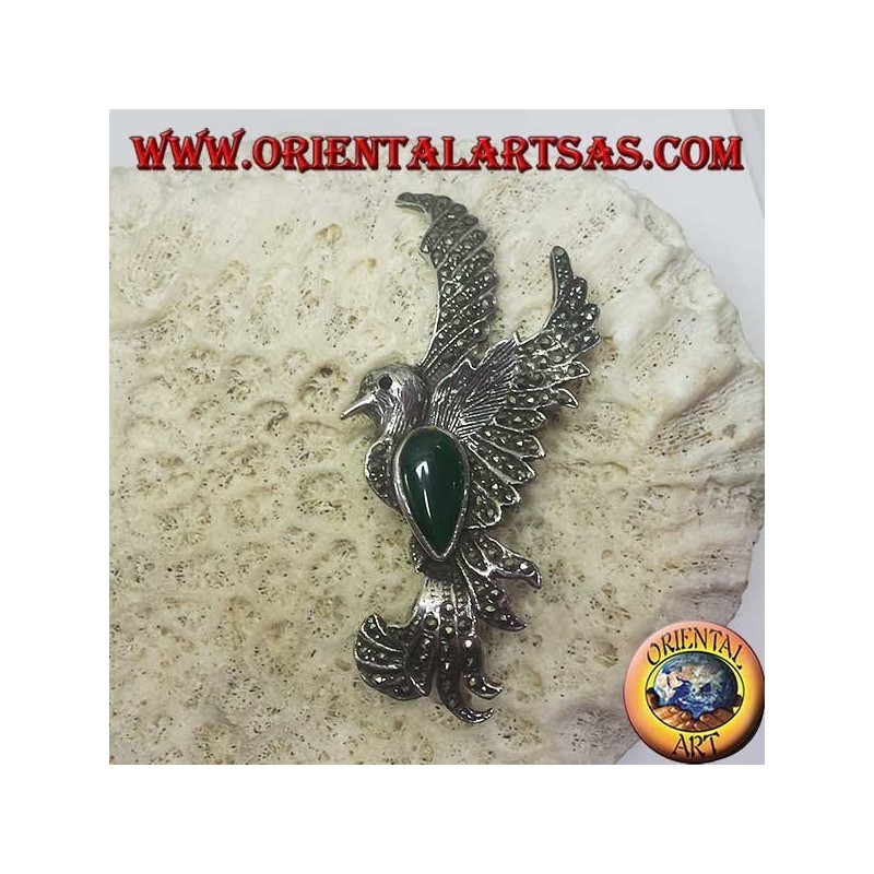 Silver brooch of the phoenix with green agate and marcasites