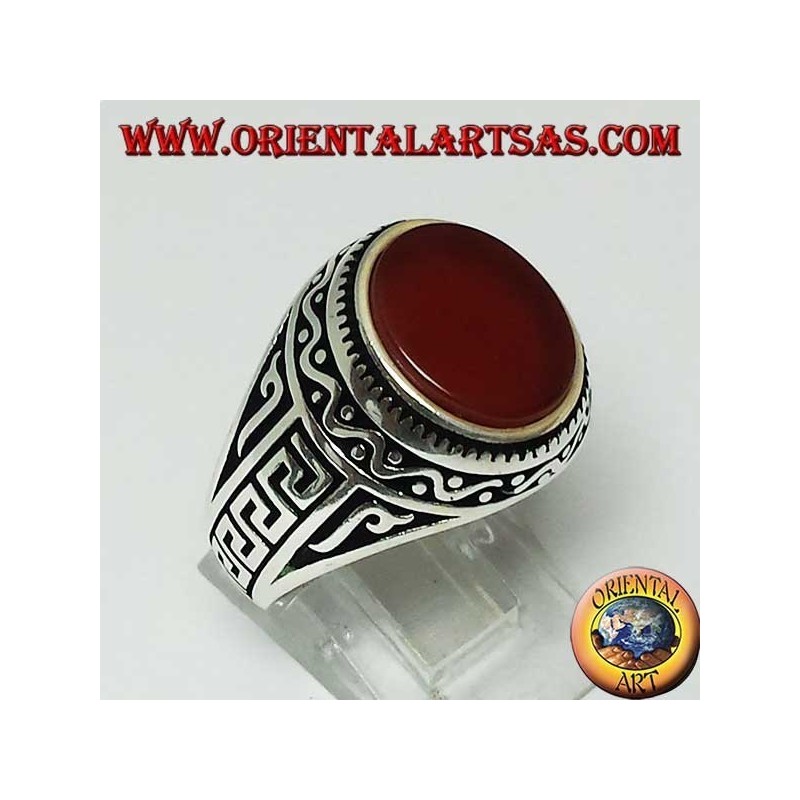 Silver ring with flat oval carnelian with Greek on the sides of the ring