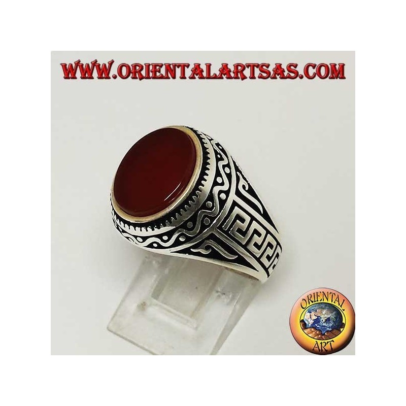 Silver ring with flat oval carnelian with Greek on the sides of the ring