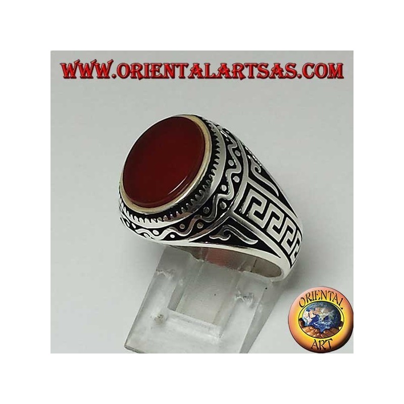 Silver ring with flat oval carnelian with Greek on the sides of the ring