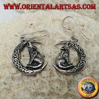 Silver earrings, wolf howling at the moon with Celtic knot