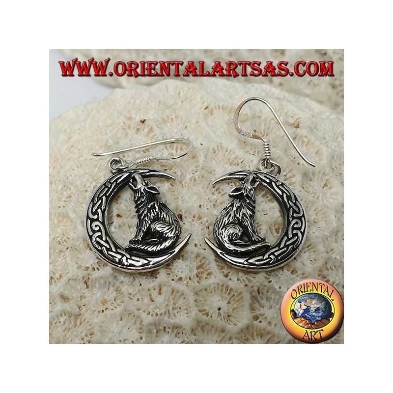 Silver earrings, wolf howling at the moon with Celtic knot