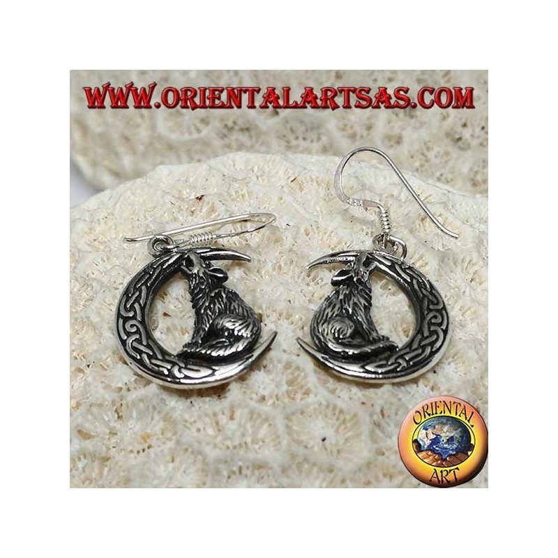 Silver earrings, wolf howling at the moon with Celtic knot