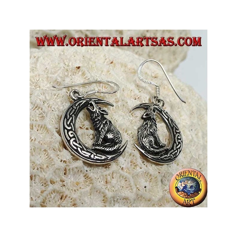 Silver earrings, wolf howling at the moon with Celtic knot