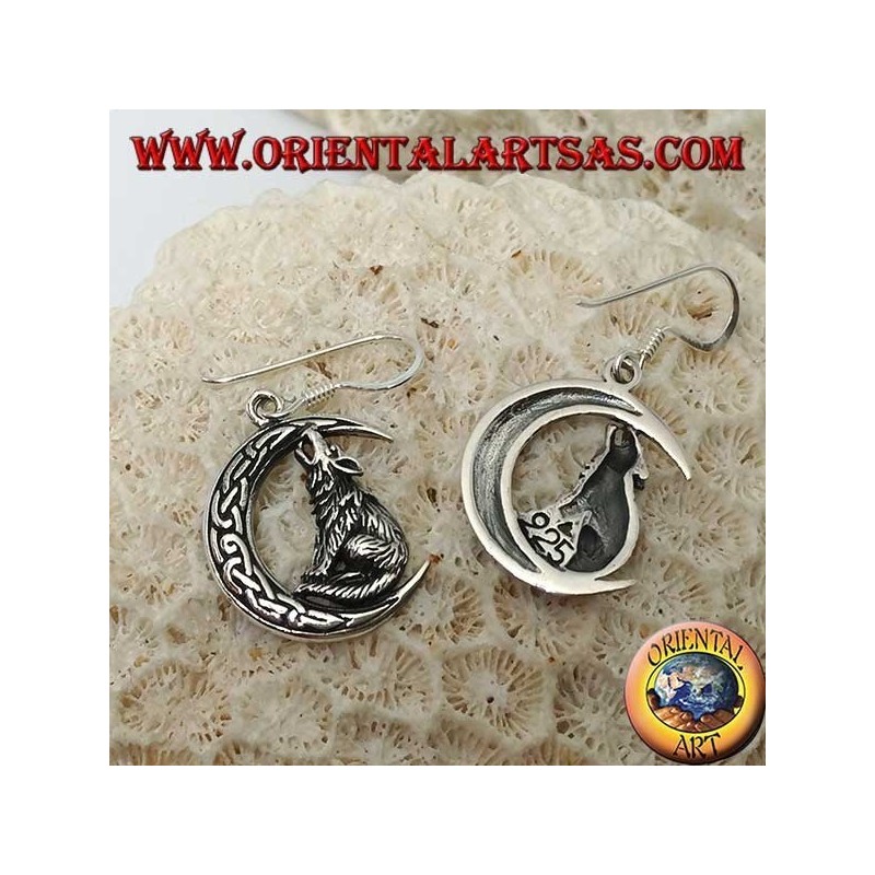 Silver earrings, wolf howling at the moon with Celtic knot