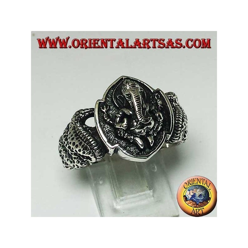 Silver ring from Ganesh sitting with cobra on both sides