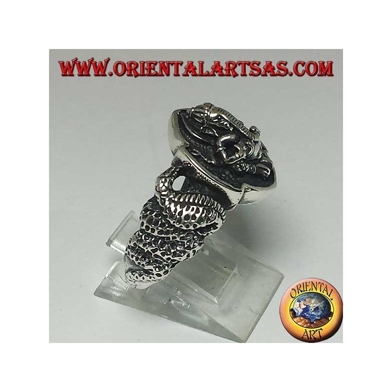 Bague en argent de Ganesh assise avec cobra des deux côtés