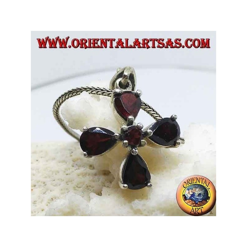 Silver pendant in the shape of a four-leaf clover with drop and round garnets