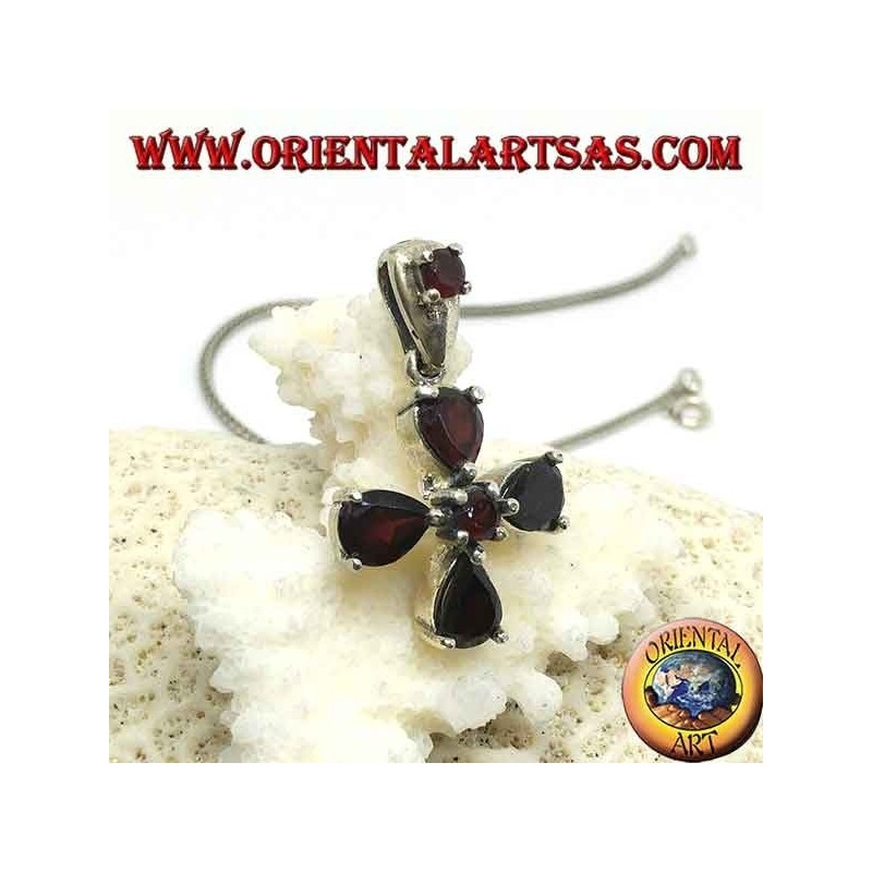 Silver pendant in the shape of a four-leaf clover with drop and round garnets