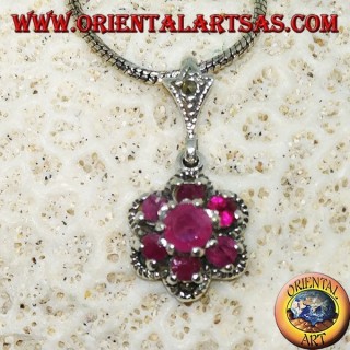 Silver pendant with 7 round natural rubies set to form a flower and marcasite