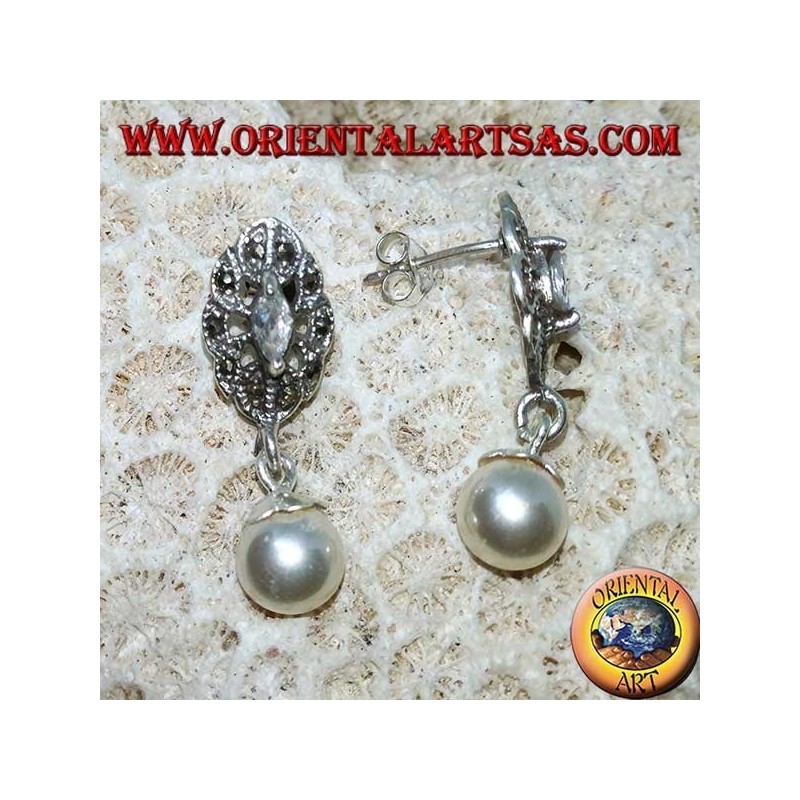 Boucles d'oreilles lobe en argent avec zircon, marcassite et pendentif perle