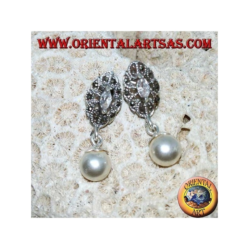 Silver lobe earrings with zircon, marcasite and pendant pearl
