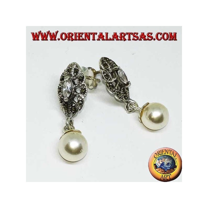 Silver lobe earrings with zircon, marcasite and pendant pearl