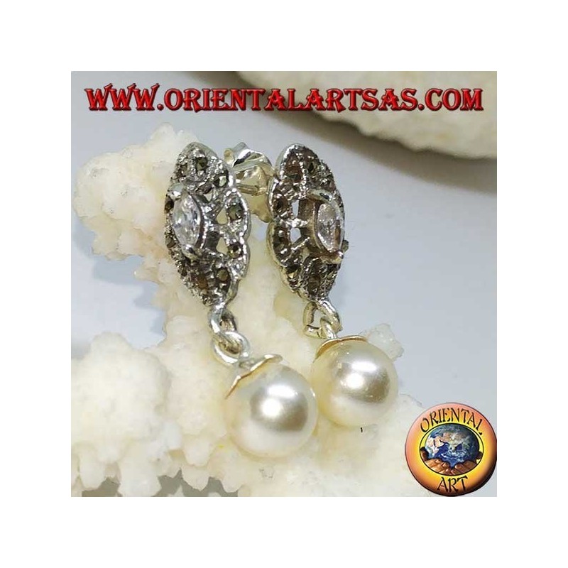 Silver lobe earrings with zircon, marcasite and pendant pearl