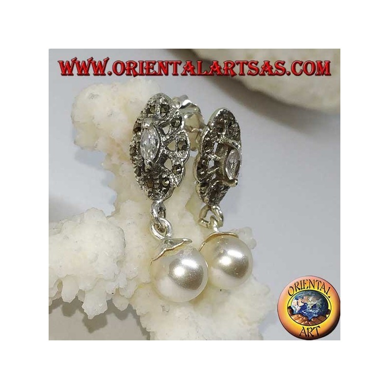 Orecchini in argento a lobo con zircone, marcasite e perla pendente