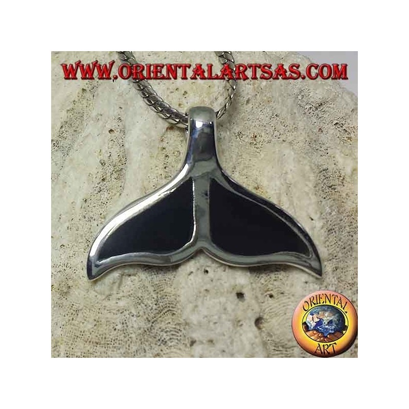 Silver pendant in the shape of a whale tail with flat onyx
