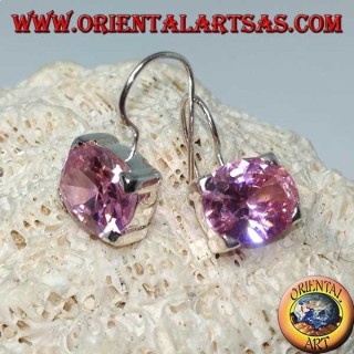 Silver earrings with pink French zircon, oval faceted