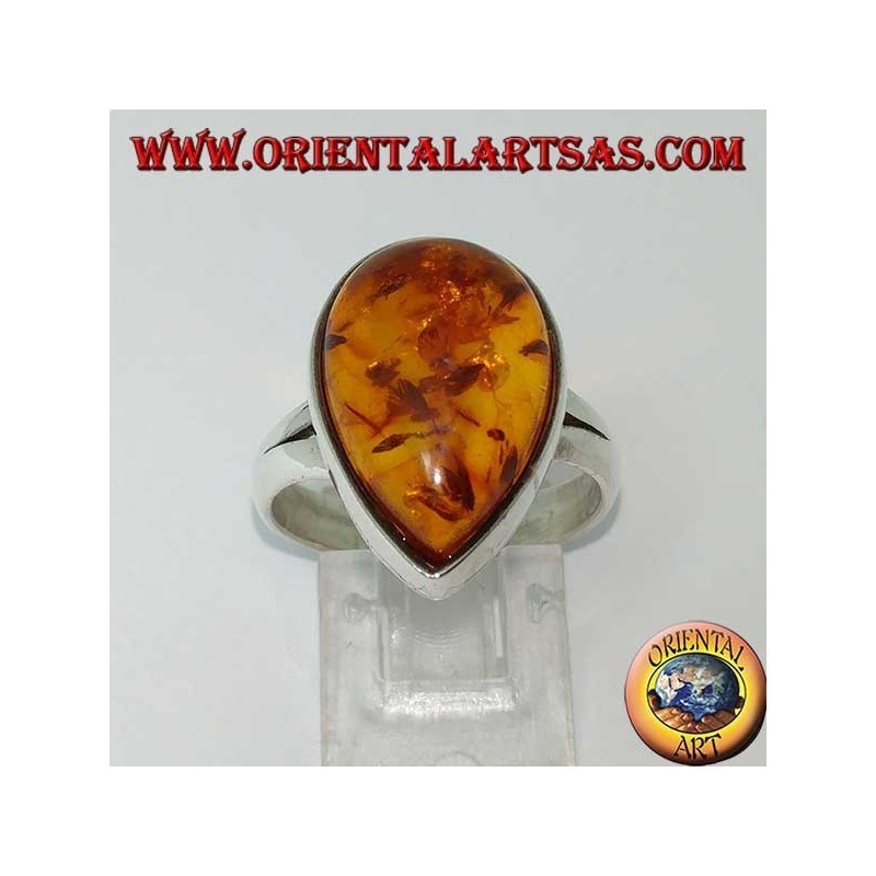 Anello semplice in argento con ambra a goccia 