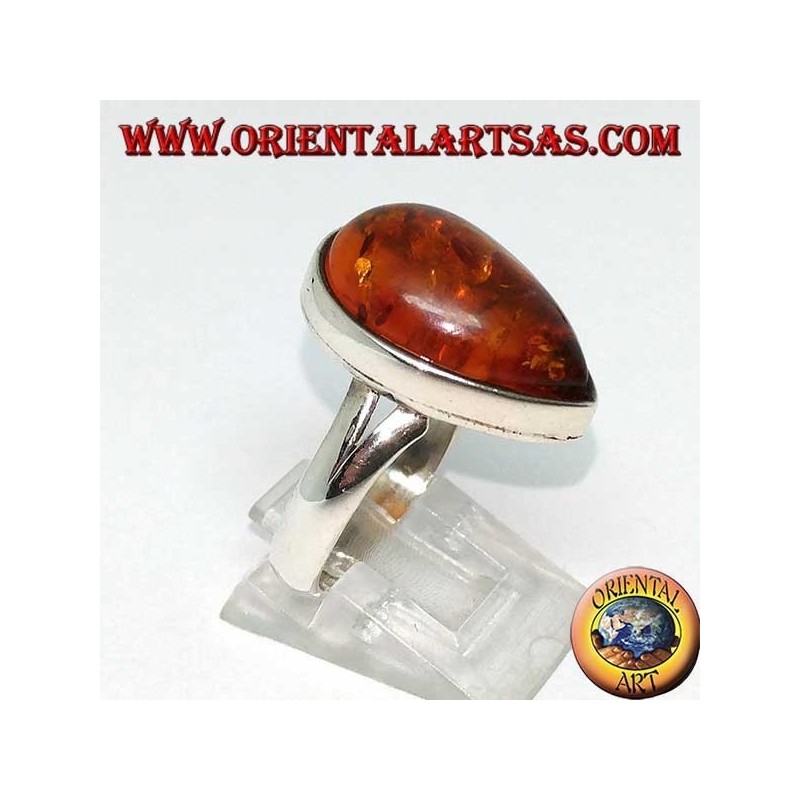Anello semplice in argento con ambra a goccia