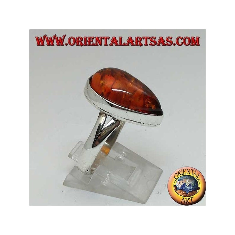 Einfacher Silberring mit Tropfen Bernstein