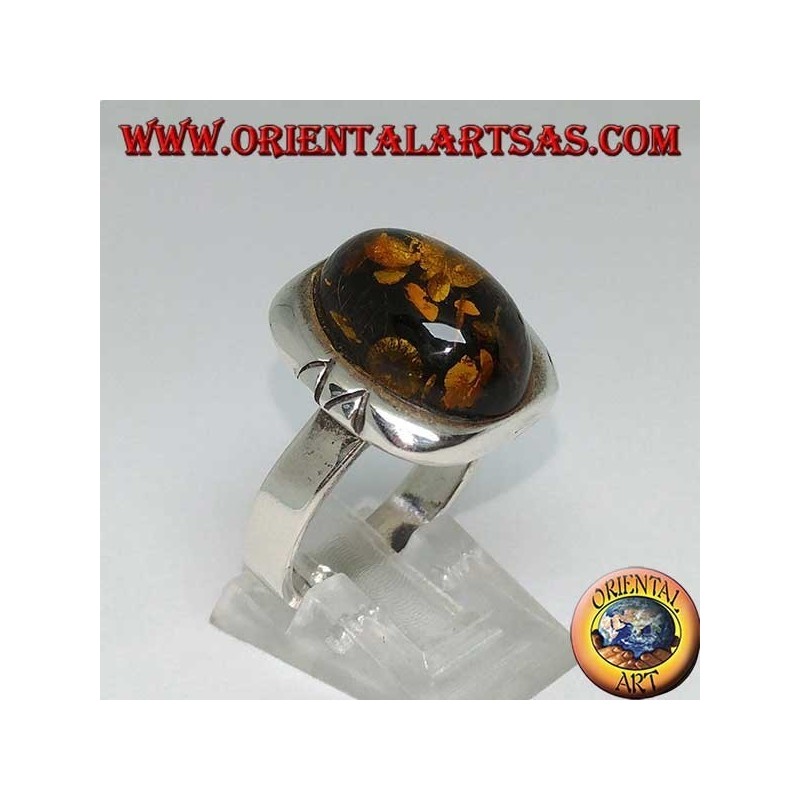 Anello in argento con Ambra verde ovale e bordo largo inciso