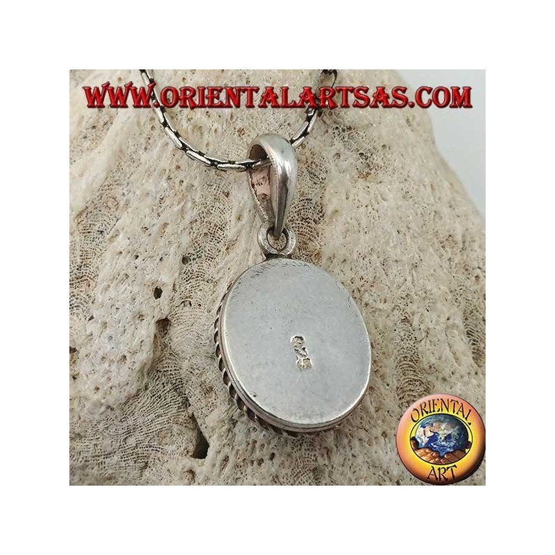 Silver pendant with oval natural turquoise and braided border