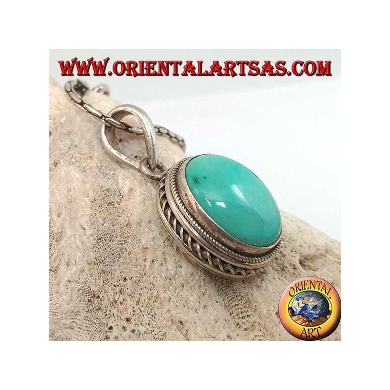 Pendentif en argent avec turquoise naturelle ovale et bordure tressée