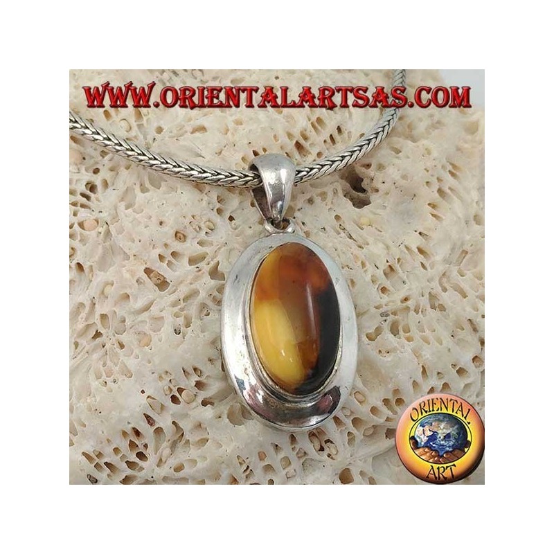 Pendentif en argent avec ambre tibétain naturel ovale
