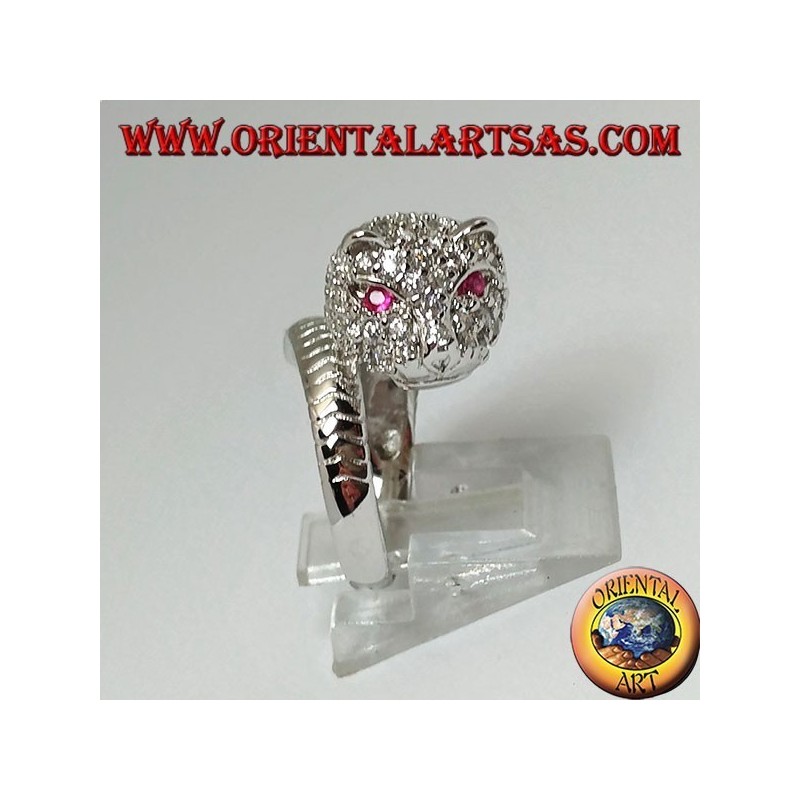 Anello in argento pantera tempestata di zirconi con occhi di rubino