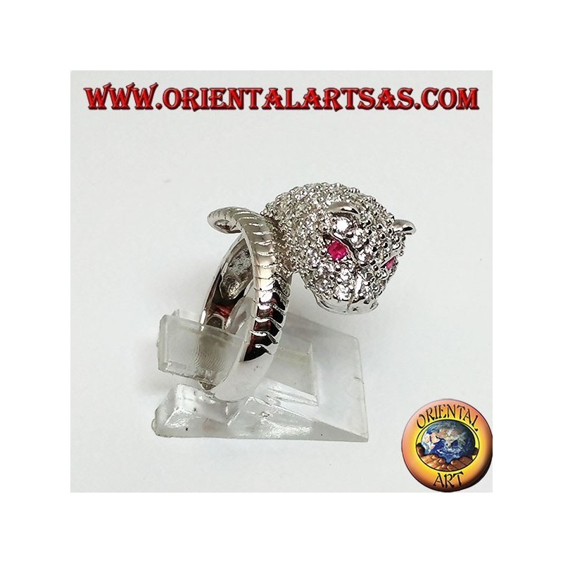 Anillo de plata de pantera tachonado de circonita cúbica con ojos de rubí
