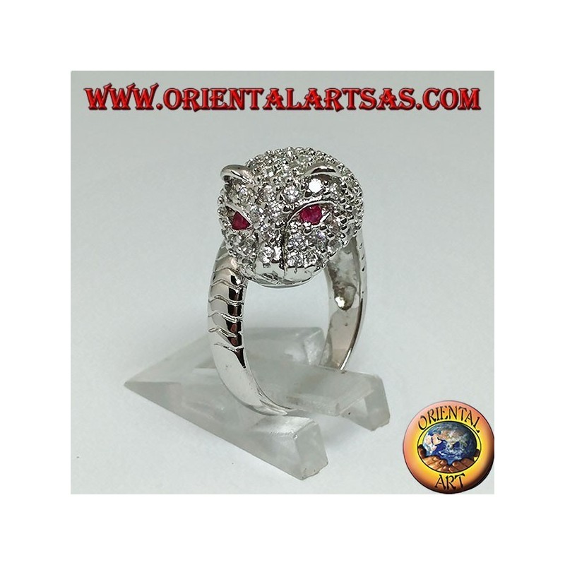 Panther silver ring studded with cubic zirconia with ruby eyes