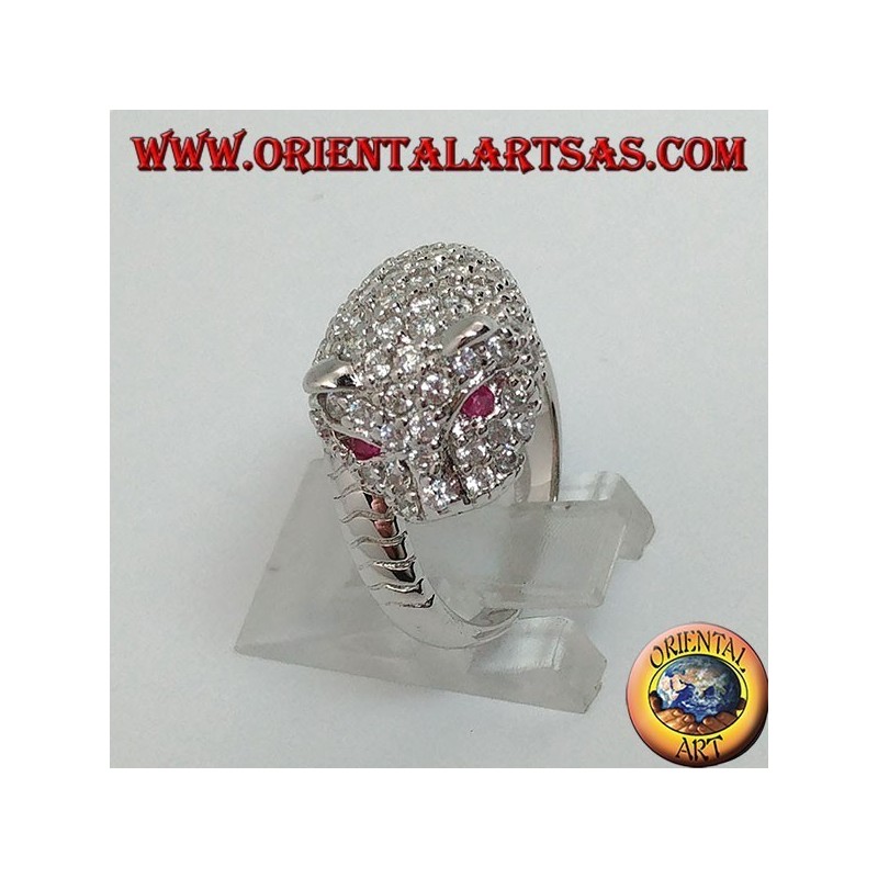 Anillo de plata de pantera tachonado de circonita cúbica con ojos de rubí