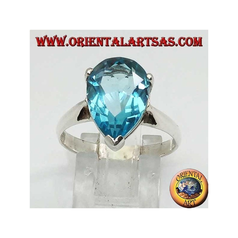 Anillo de plata con topacio azul en forma de gota con ajuste de garra