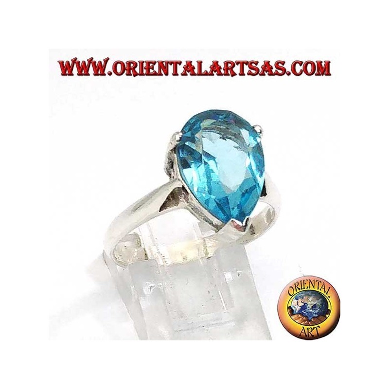 Silberring mit tropfenförmigem Blautopas mit Krallenfassung