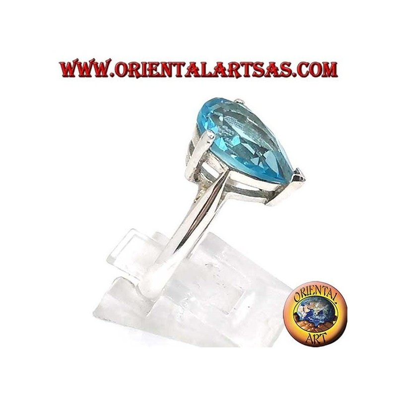 Bague en argent avec topaze bleue en forme de goutte avec monture à griffes