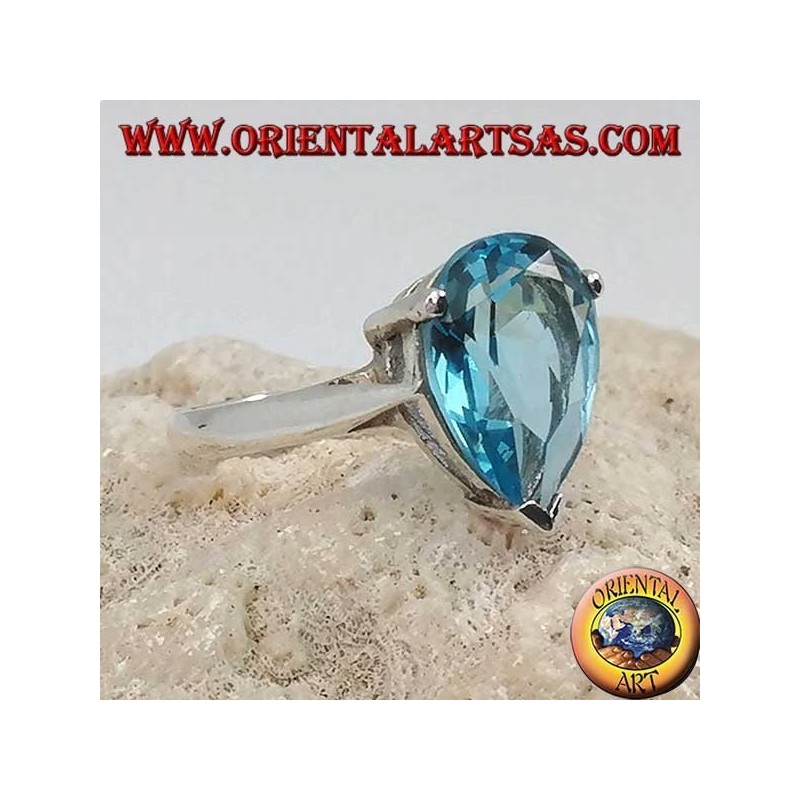 Silver ring with drop-shaped blue topaz with claw setting