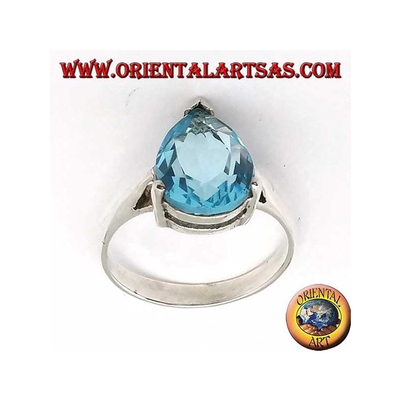 Silver ring with drop-shaped blue topaz with claw setting