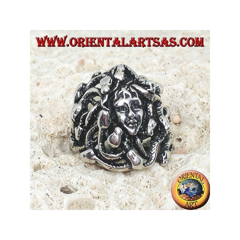 Silver medusa head ring with snakes