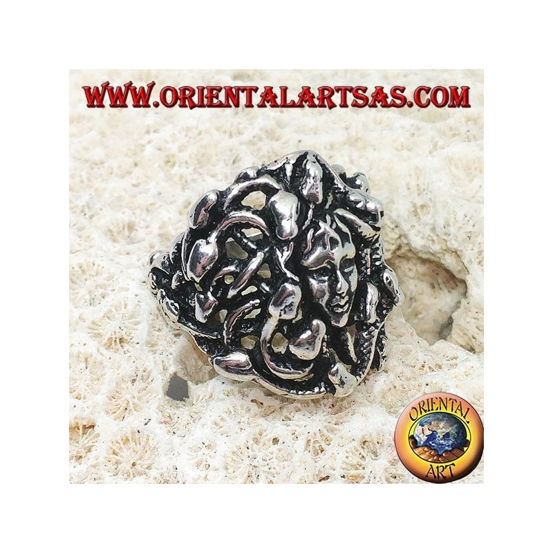 Silver medusa head ring with snakes