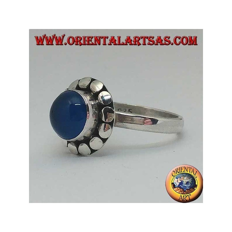 Silver ring with blue agate, Cabochon cut surrounded by studs