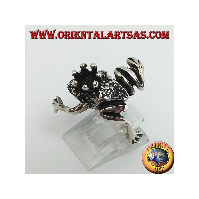 Bague grenouille en argent avec couronne