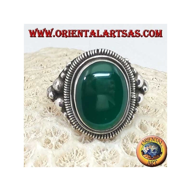 Silver ring with a large cabochon oval green agate
